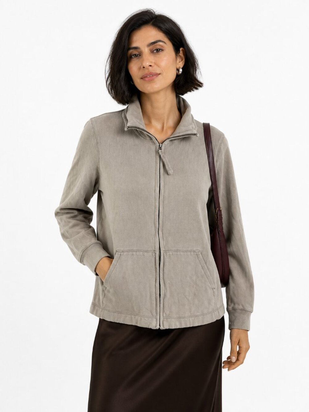 Eileen Fisher Cotton Knit Zip Jacket Taupe Beige Size S Minimalist Casual